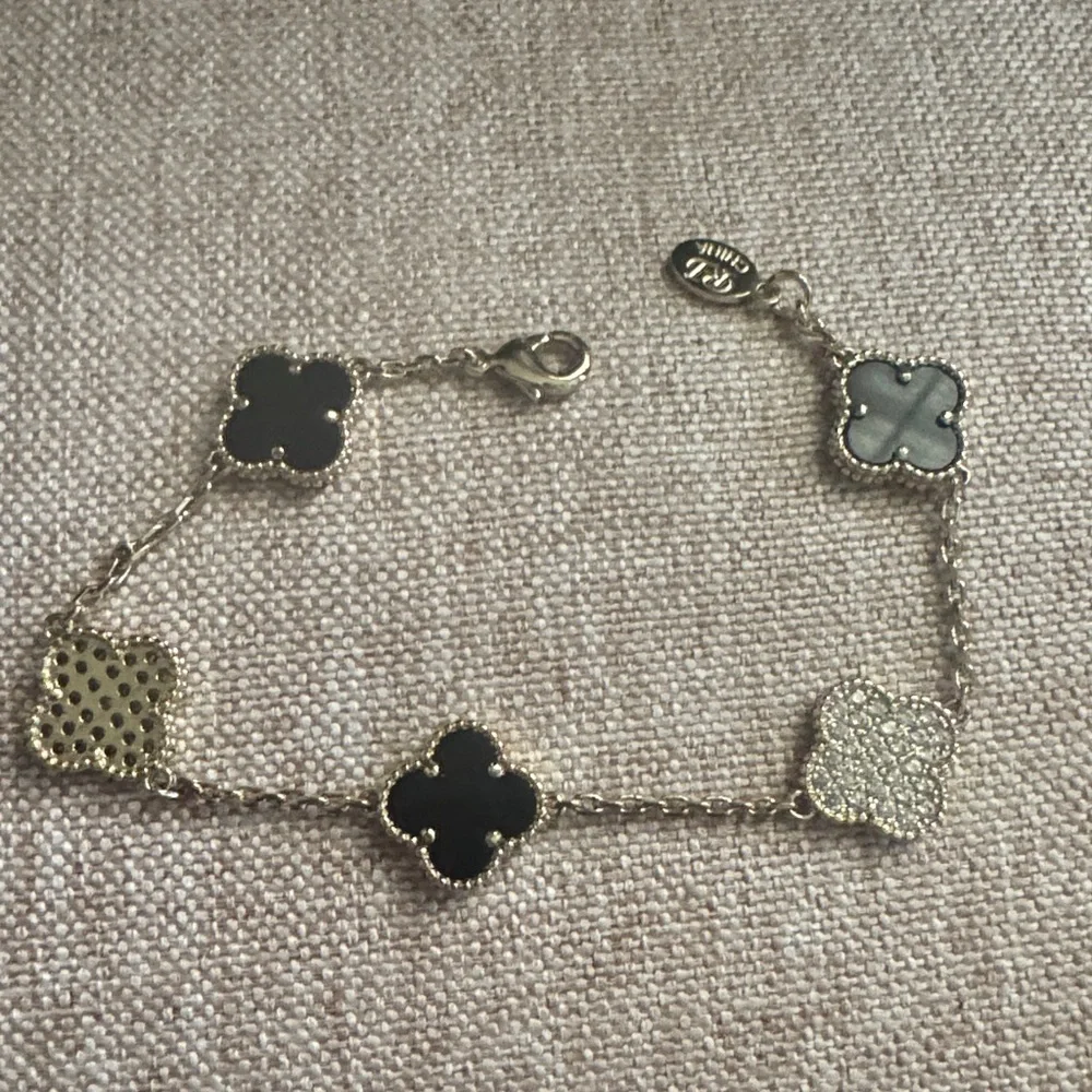 Gold-Tone Clover Link Bracelet‎ with Black and Mother-of-Pearl Accents